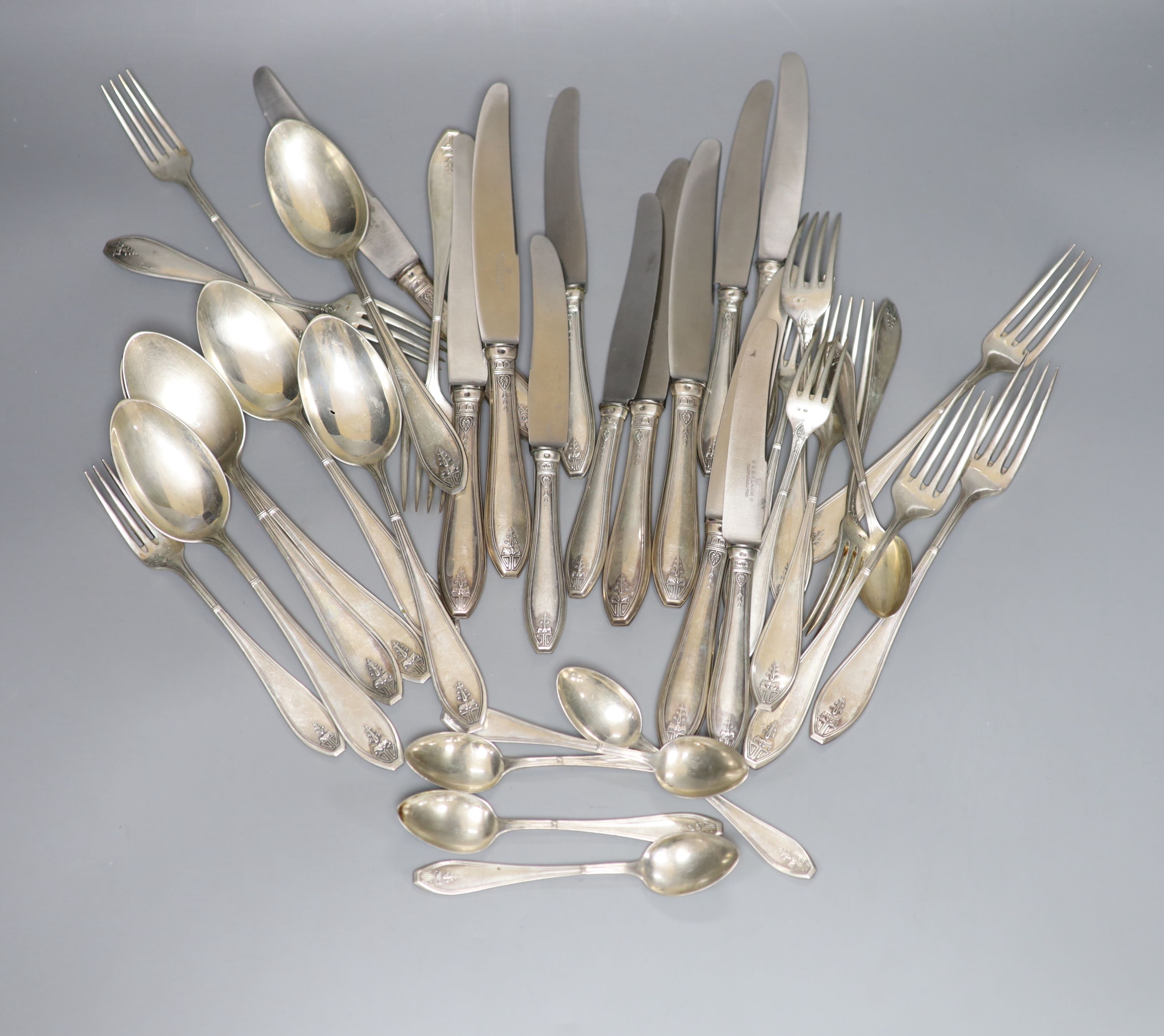 A mid 20th century part canteen of Polish 800 standard white metal cutlery for six, comprising thirty six items